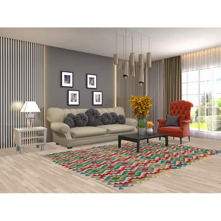 Hand Woven Oriental 100% Wool Carpet Southwestern Geometric Multi-Colored Kilim Area Rug - 8' 5'' X 6' 0''