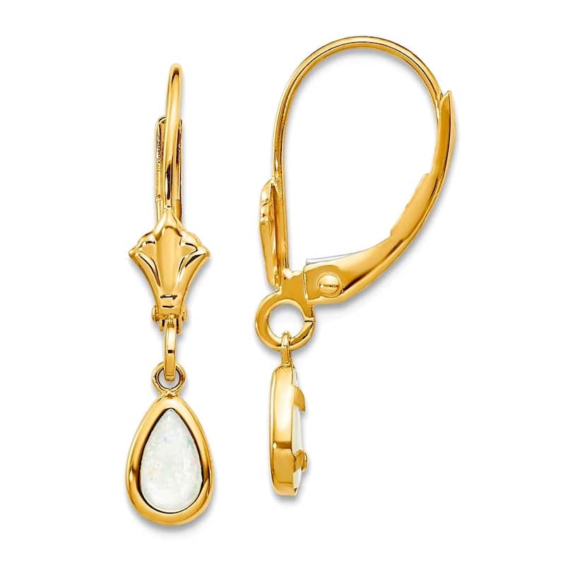 Curata 14k Yellow Gold Bezel 4x6mm Pear Gemstone Birthstone Leverback Earrings - 23x4mm - Opal
