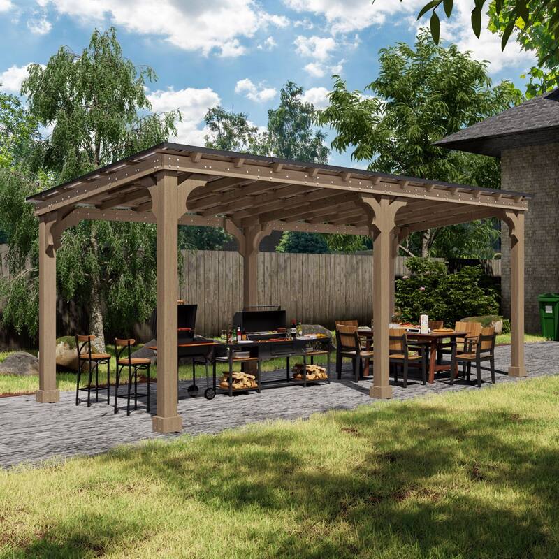 VEIKOUS Wood BBQ Grill Gazebo with Steel Roof for Patio Garden Backyard and Lawn - 10'×20'