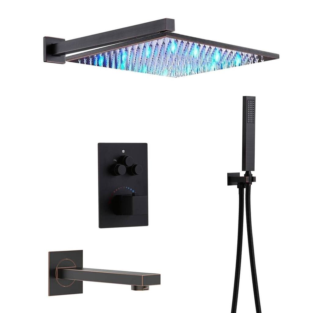 ORB Bronze Wall Mount 12" LED Rainfall Head 3 Way Thermostatic Shower Faucet Set w/ Tub Spout - Oil Rubbed Bronze