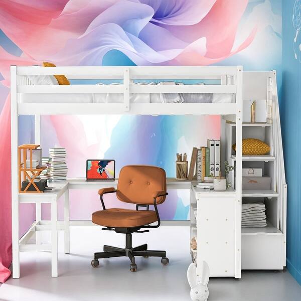 slide 2 of 36, Full Size Loft Bed with Desk and 3-Tier Shelves and Attached Staircase White