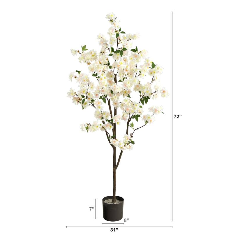 Artificial Cherry Blossom Tree 6ft Pink Flowers Slim Trunk Indoor Decor Home Office Living Room - Green - 61 Inches and Over