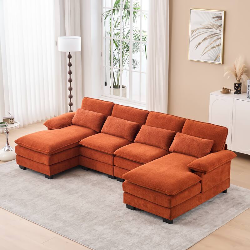 U Shape Cloud Couch 111.8",4-seat Velvet Fabric Upholstered Sofas with Chaise Lounge & Pillows