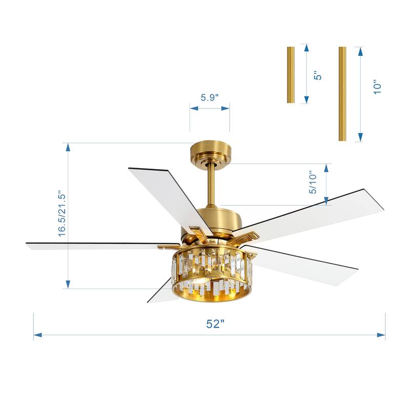 52" Crystal Chandelier 5-Blade Ceiling Fan with Light Kit and Remote