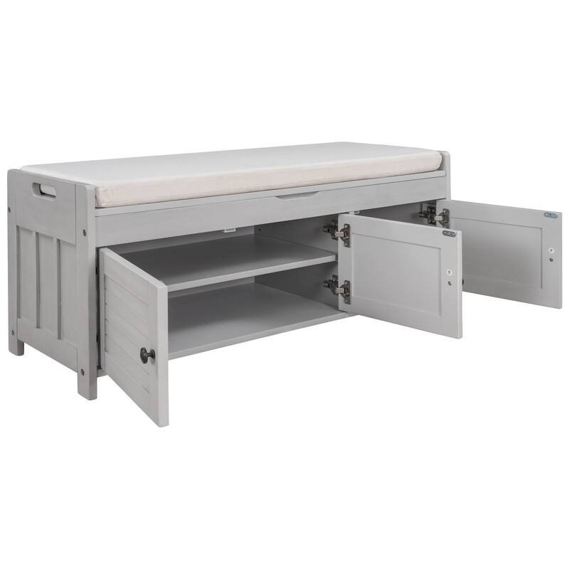 Wooden shoe storage stool with cushioned entrance bench with built-in adjustable shelf and flip top
