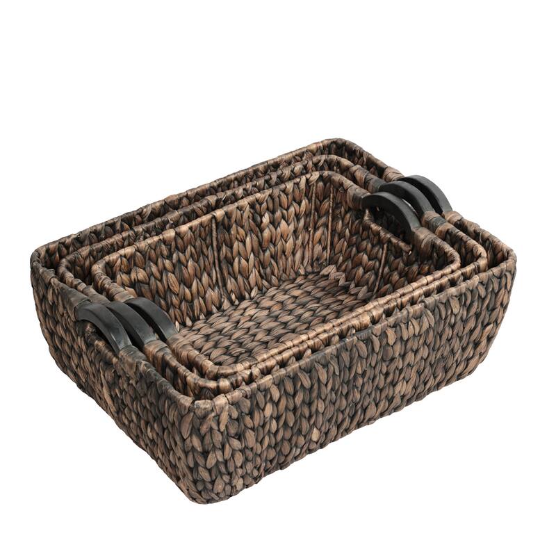 Astor Handwoven Water Hyacinth Nesting Storage Baskets, Wood Handles (Set of 3)