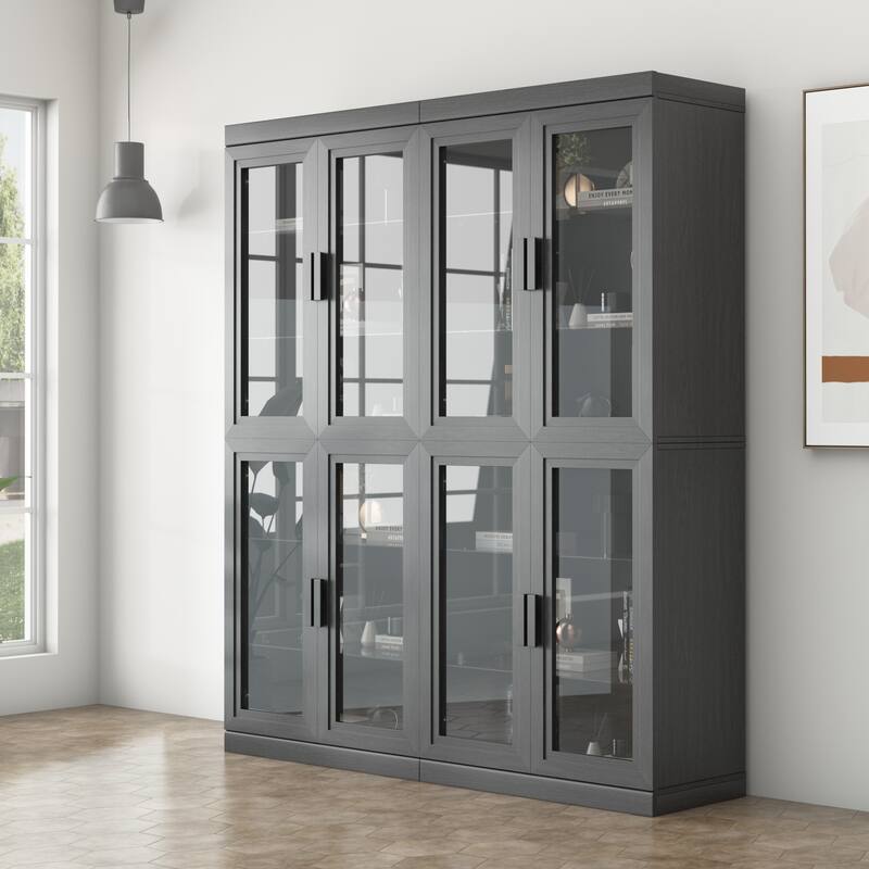 Wood Bookshelf Storage Cabinet with 2 Glass Door and Adjustable Shelf for Kitchen Bedroom Entryway Living Room Dinning Room