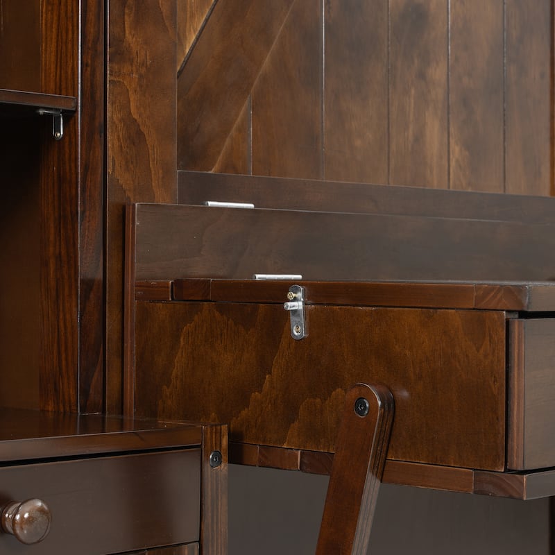 Foldable Murphy Bed Queen Size Wooden Wall Bed Framen with Built-in Desk, Top Lights, Open Shelves, Storage Drawers and Cabinets