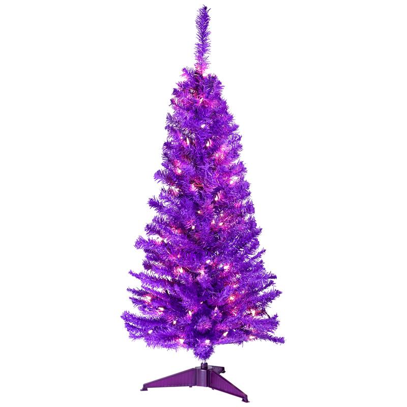 Pre-Lit Medium Artificial Pine Christmas Tree - 4' - Purple - Clear Lights - 4 Foot