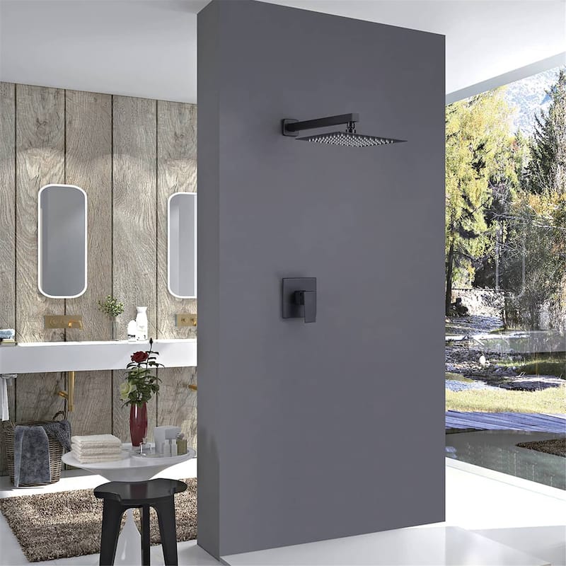 Wall Mount Shower Faucet Set Complete Bathroom Matte Black Shower System 10 Inch Shower Head Trim Kit With Rough-in-Valve