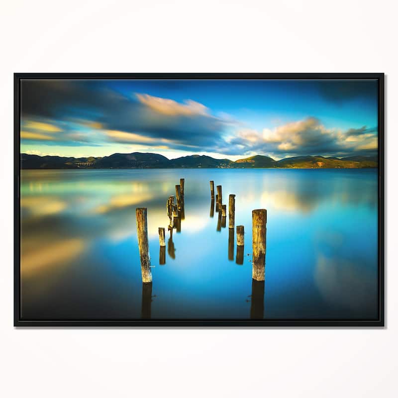Designart "Cloudy Lake with Broken Pier" Seascape Framed Canvas Art Print