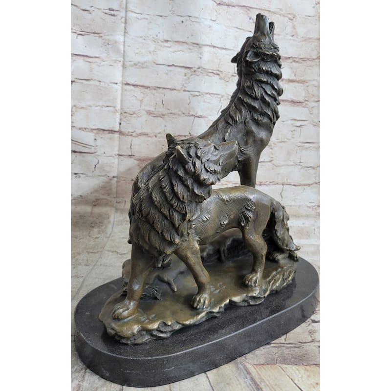 Signed Original Howling Imitative Wolf Bronze Sculpture Marble Base Statue Gift Decor Gift