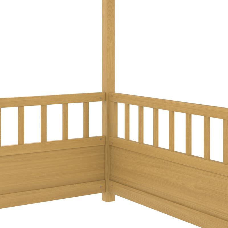 Full Size Wooden Floor Bed with Roof Frame and High Fence Guardrails, Natural Finish