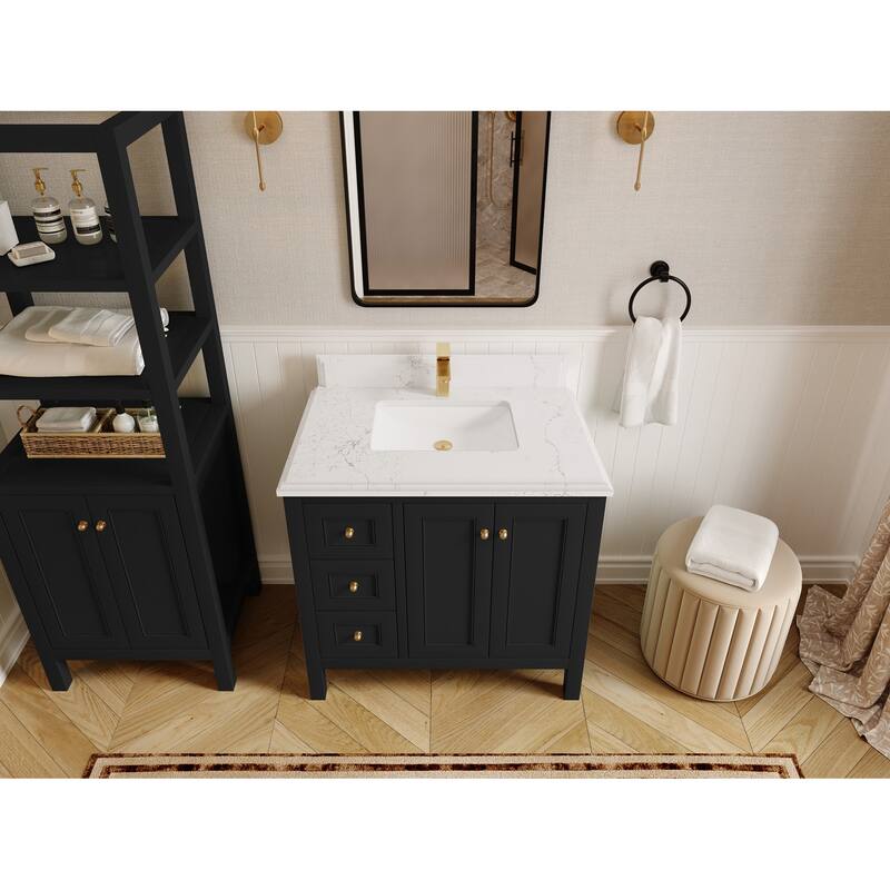 Willow Collections 36 in. W x 22 in. D Nashville Center Right Sink Bathroom Vanity with Countertop - 1.5”Empira White - Black