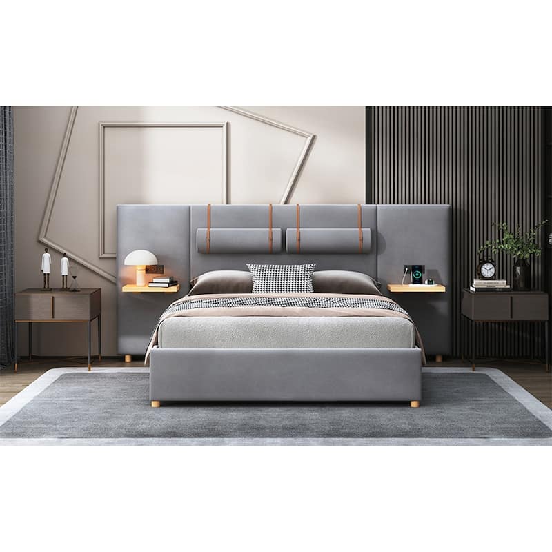 Queen Upholstered Platform Bed with Two Outlets and USB Charging Ports on Both Sides