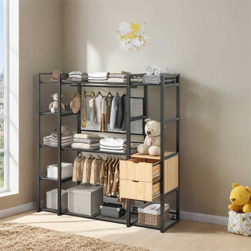 Open-Style Wardrobe with Hanging Rails,Shelves and Drawers