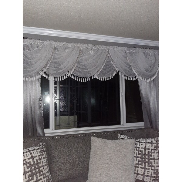 Elegant Pattern Rod Pocket Valances for Windows Gray 38 W X 46 L Irina Diamond Sheer Embroidered Ascot Grey Window Valance