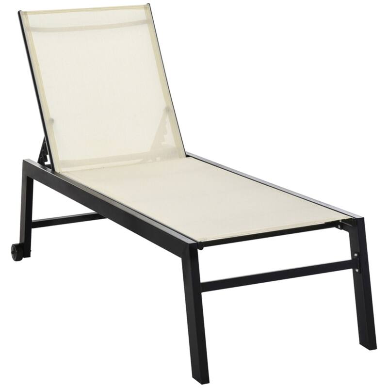 Outdoor Chaise Lounge Chair Adjustable Recliner Poolside Patio with Mesh Fabric and Steel Frame - 66.25" L x 28.25" W x 42.5" H - Cream White