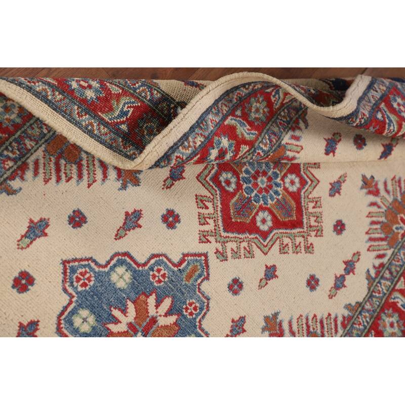 Beige / Ivory Geometric Kazak Oriental Accent Rug Handmade Wool Carpet - 3'2" x 5'0"