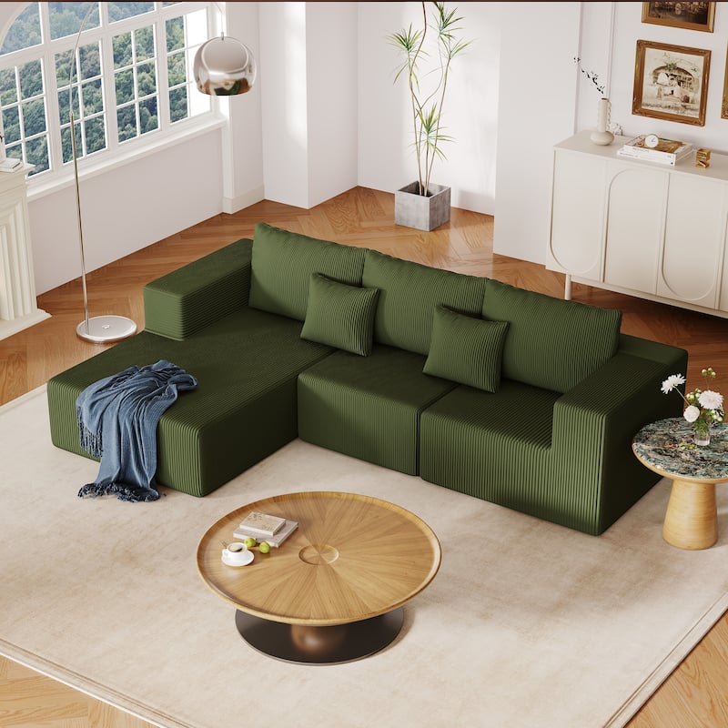 Modern Modular Sectional Sofa with Striped Corduroy and Foam Cushion, for Living Room and Guest Room - Green