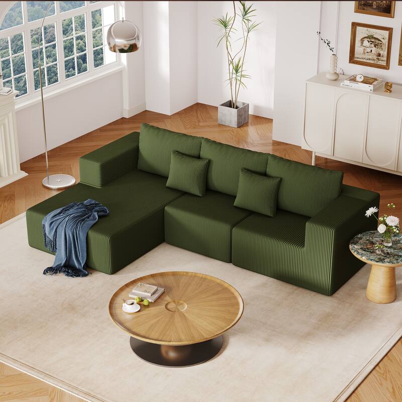 Modular Sleeper Sofa Bed Corduroy Sectional Sofa with Chaise Lounge - Green