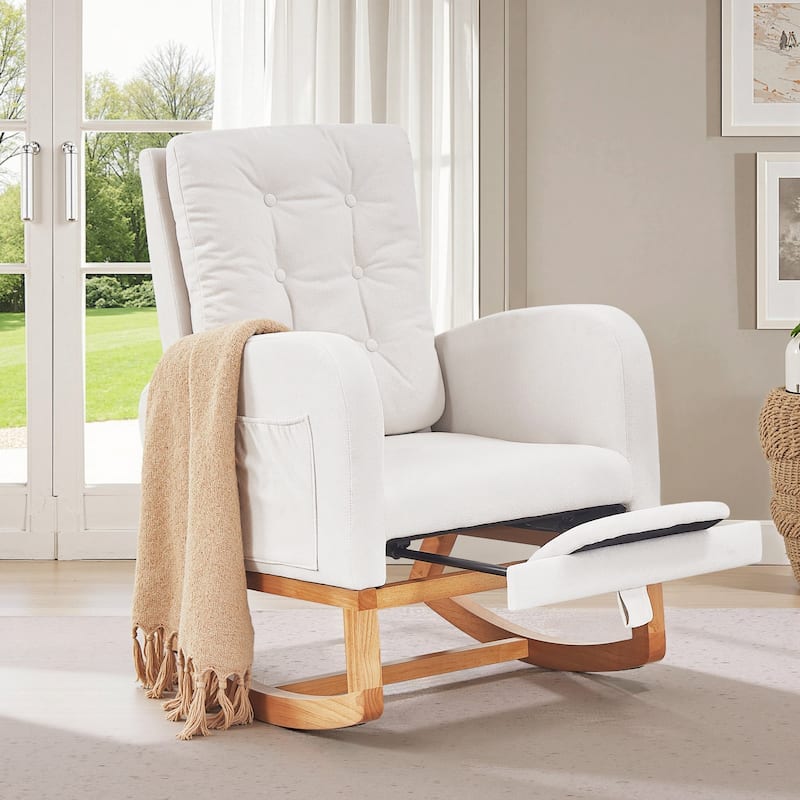Javlergo Small Space Rocking Chair with Pull-Out Pedals Solid Wood Legs Glider Chair for Nursery with Two Side Storage Pockets - Beige
