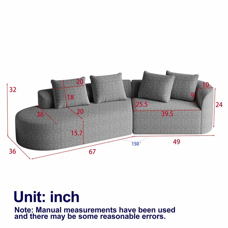 Modular Curved Sectional Sofa, Oversized Chenille Cloud Couch, Compressed Upholstered Sofa with 4 Throw Pillows