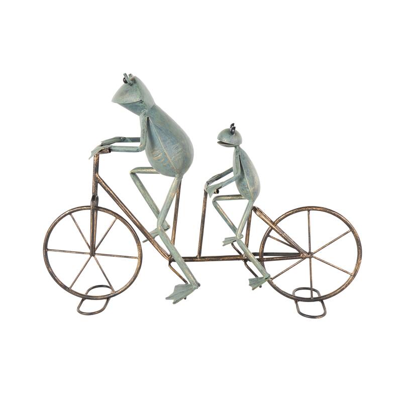 Metal Frog On Bicycle Garden Sculpture with Gold Accents - Copper or Green - Roche River Decor