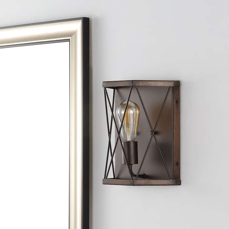Evan 8.25" 1-Light Rustic Farmhouse Iron LED Sconce, Wood Finished/Oil Rubbed Bronze by JONATHAN Y
