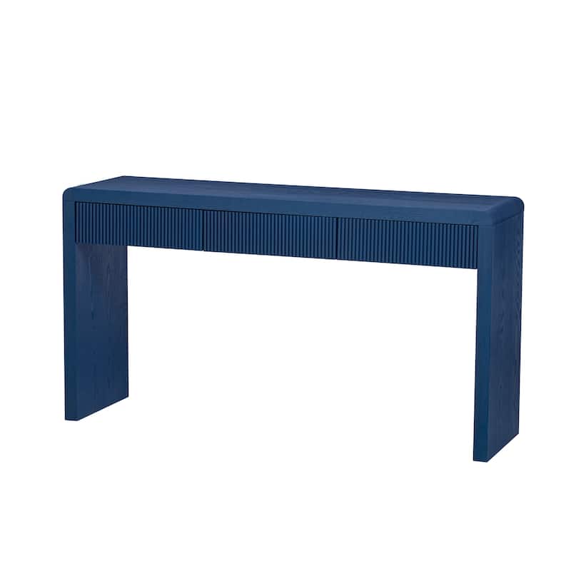 Rustic Console Table with 3 Fluted Drawers - Solid Wood Veneer Entryway Table Featuring Natural Wood Grain for Living Room