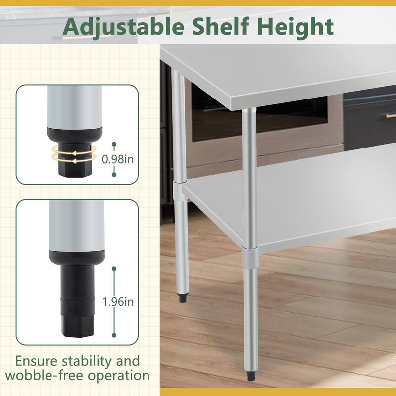 Profeeshaw Stainless Steel Work Table with Backsplash & Adjustable Shelf for Commercial Use - 48"L x 30"W x 37"H