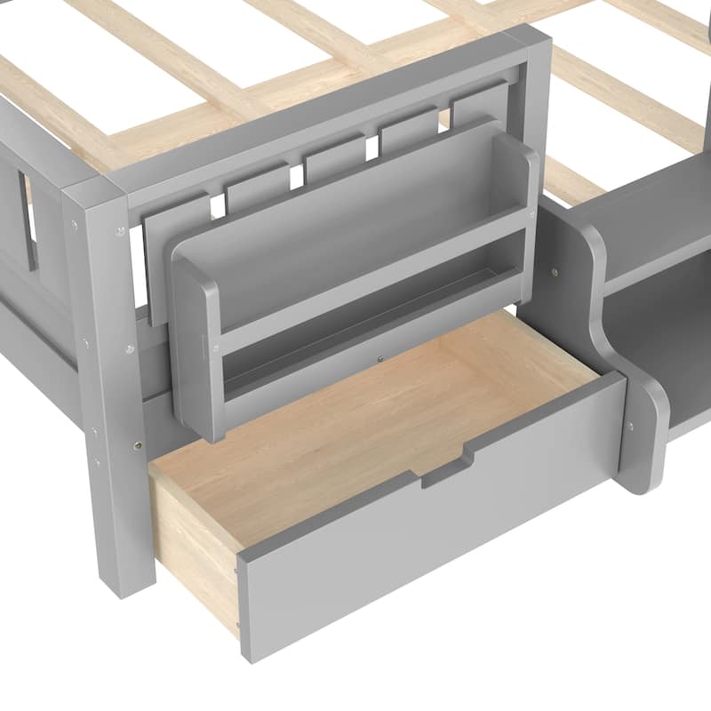 Full/Twin Loft Bed with Storage Drawers, Safety Staircase & Rails
