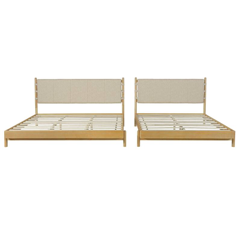 Modern King Size Rubber Wood Platform Bed Frame with Headboard, Beige Mid-Century Design