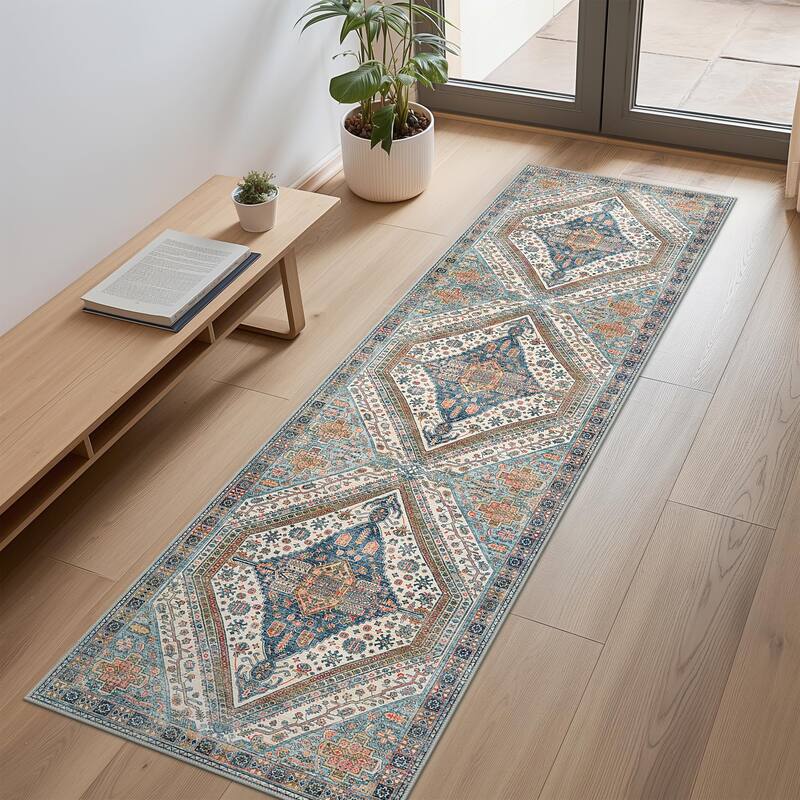 Mcow Everyday Comfort Neutral Low Pile Washable Non-Slip Area Rug - 2'x 7' - Blue/Orange - Runner