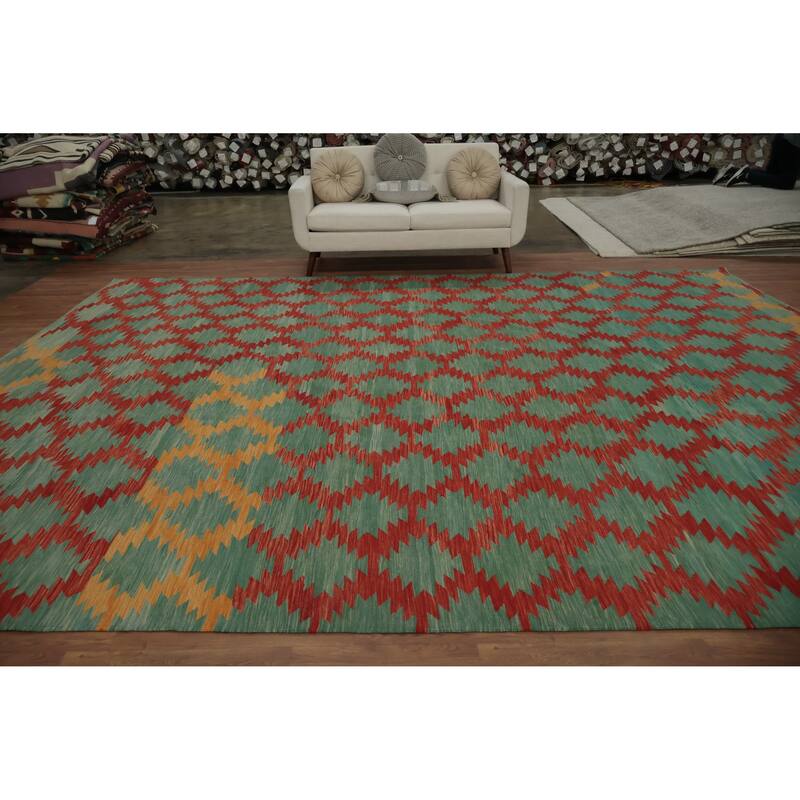 Hand Woven Oriental 100% Wool Carpet Southwestern All-Over Green Kilim Area Rug - 14' 5'' X 11' 3''