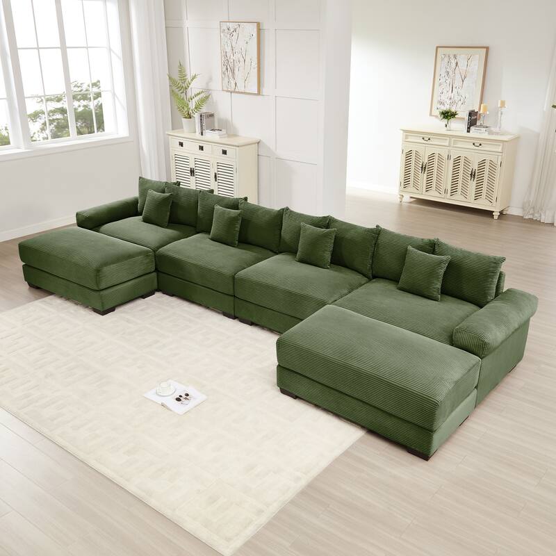 Oversized Corduroy Cloud Modular Sofa with Throw Pillows - Green(4 Seat+2 Ottoman)