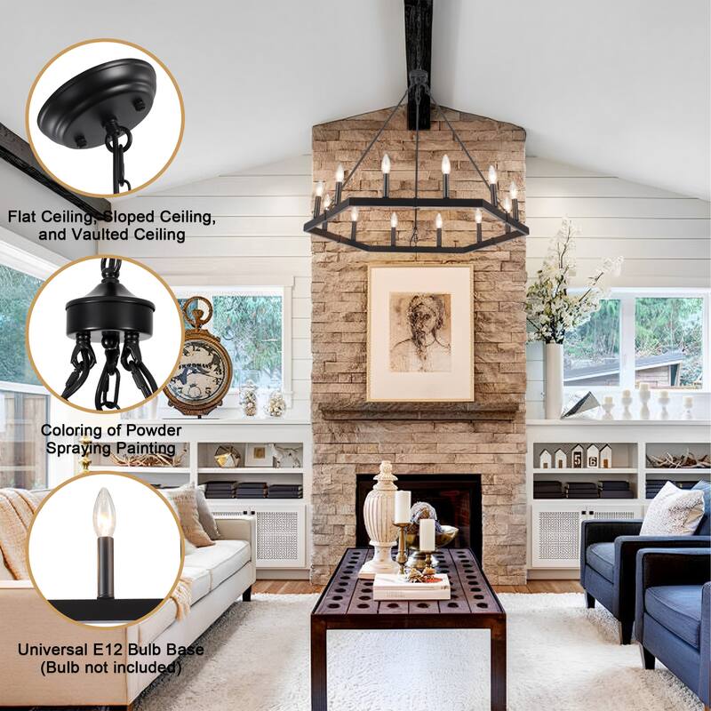 12-Light Rustic Candlestick Hanging Linear Chandelier Lighting Fixture for Kitchen Island