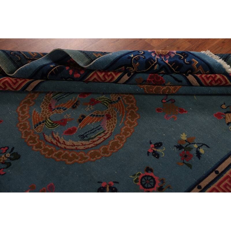 Vegetable Dye Blue Art Deco Chinese Vintage Handmade Wool Carpet - 6'5" x 9'7"