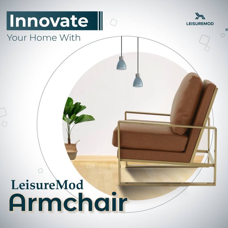 Jefferson Contemporary Leather Accent Armchair with Brushed Gold Base, Removable Cushions, and Durable Spring-Supported Seat