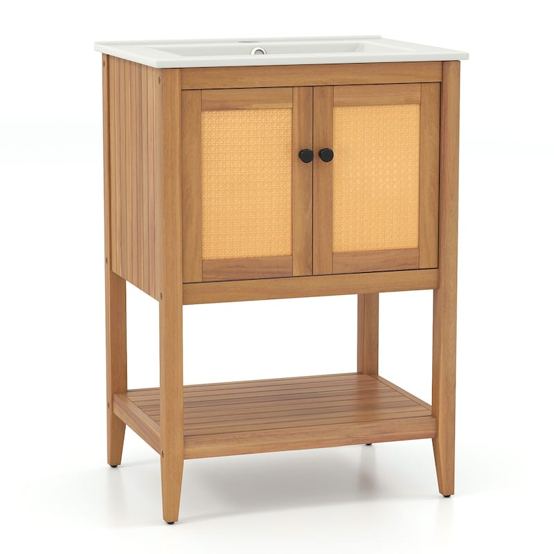 Gymax 24'' Bathroom Vanity w/ Sink 2 Rattan Doors & Open Slatted Shelf - White, Natural - Wood Finish