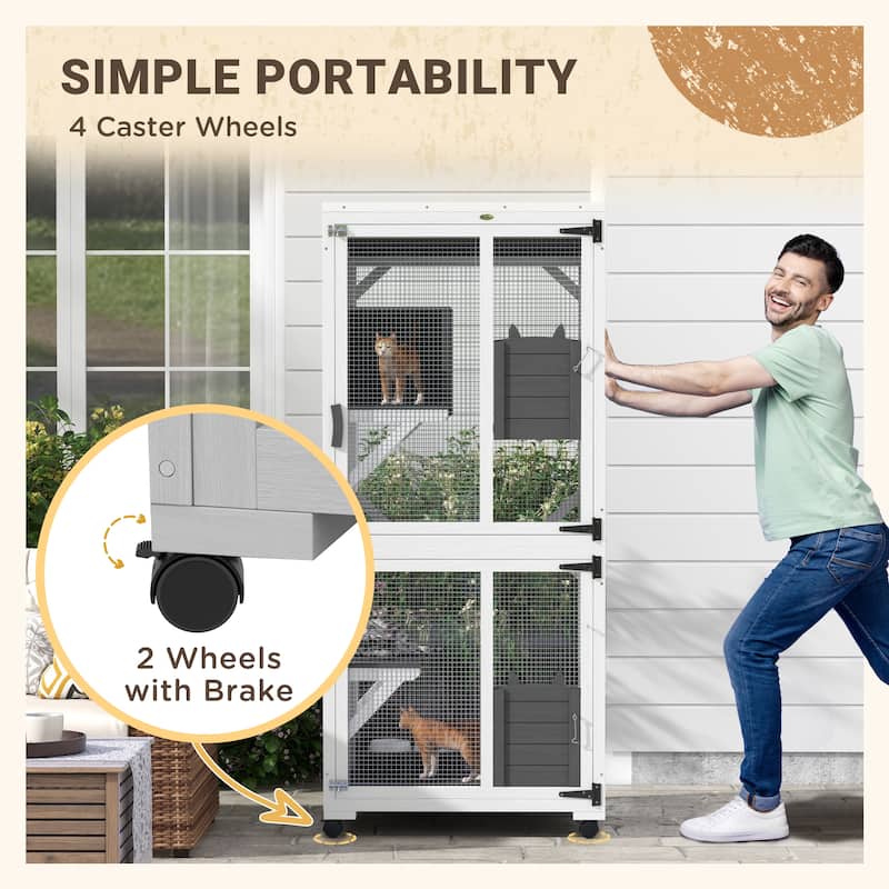 White-Grey Fir Wood Steel Cat Cage with Multi-Level Platforms and Wheels