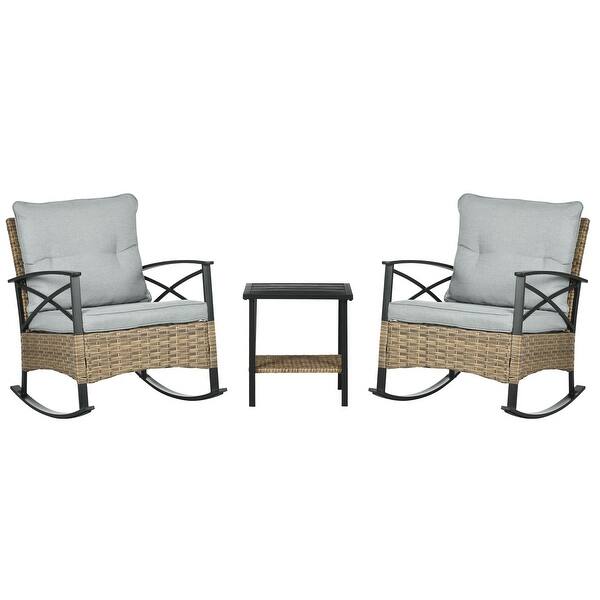 Outsunny 3 Piece Rocking Wicker Bistro Set, Outdoor Patio Furniture Set with two Porch Rocker Chairs - N/A