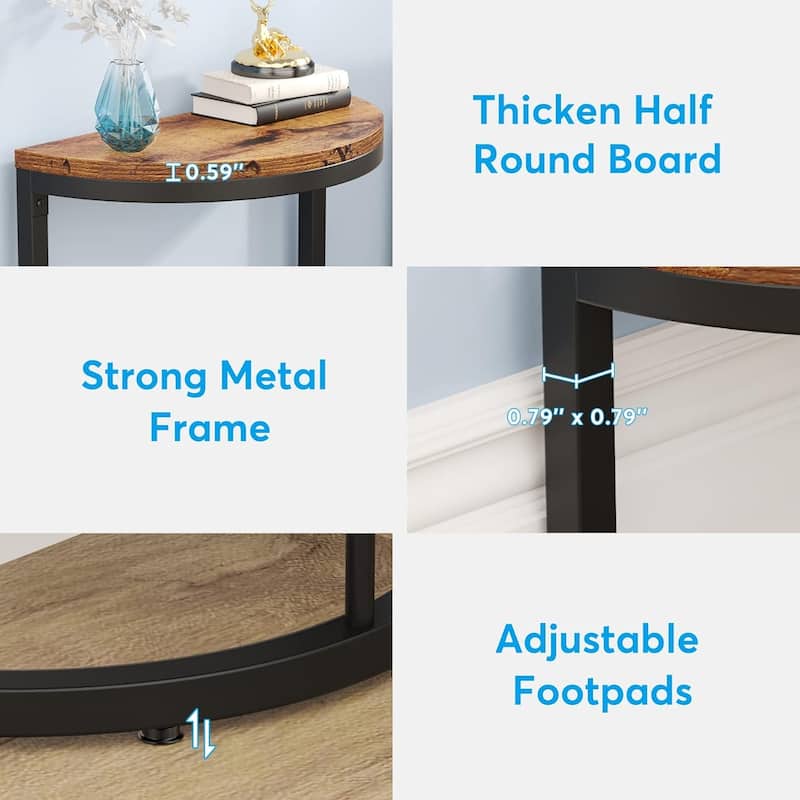 Half Round End Table with Storage, Small Wood Side Table for Living Room