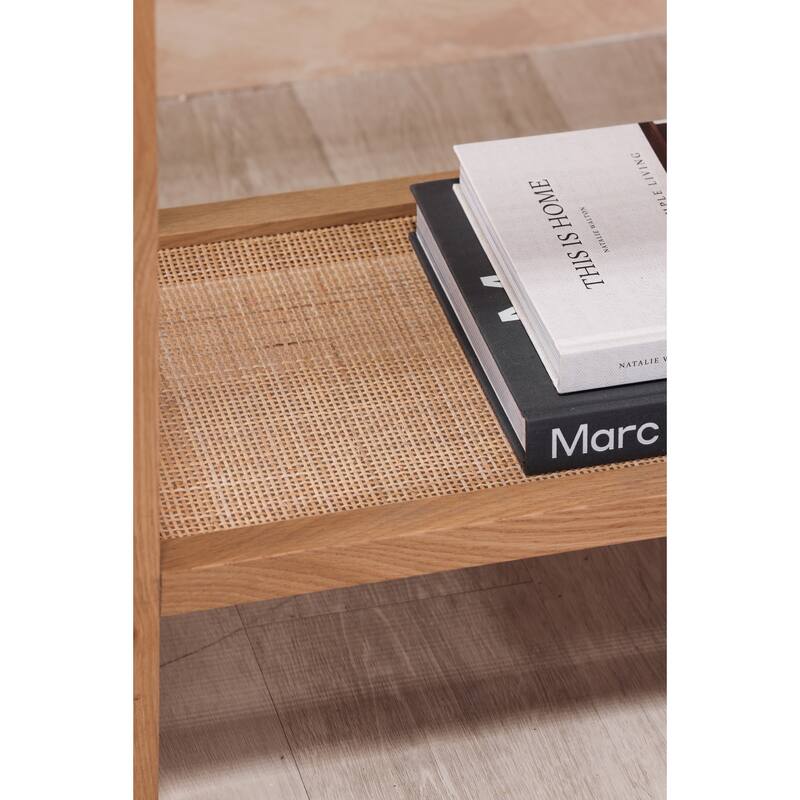 Aurelle Home Modern Glass Top Console Table w/ Rattan Shelf