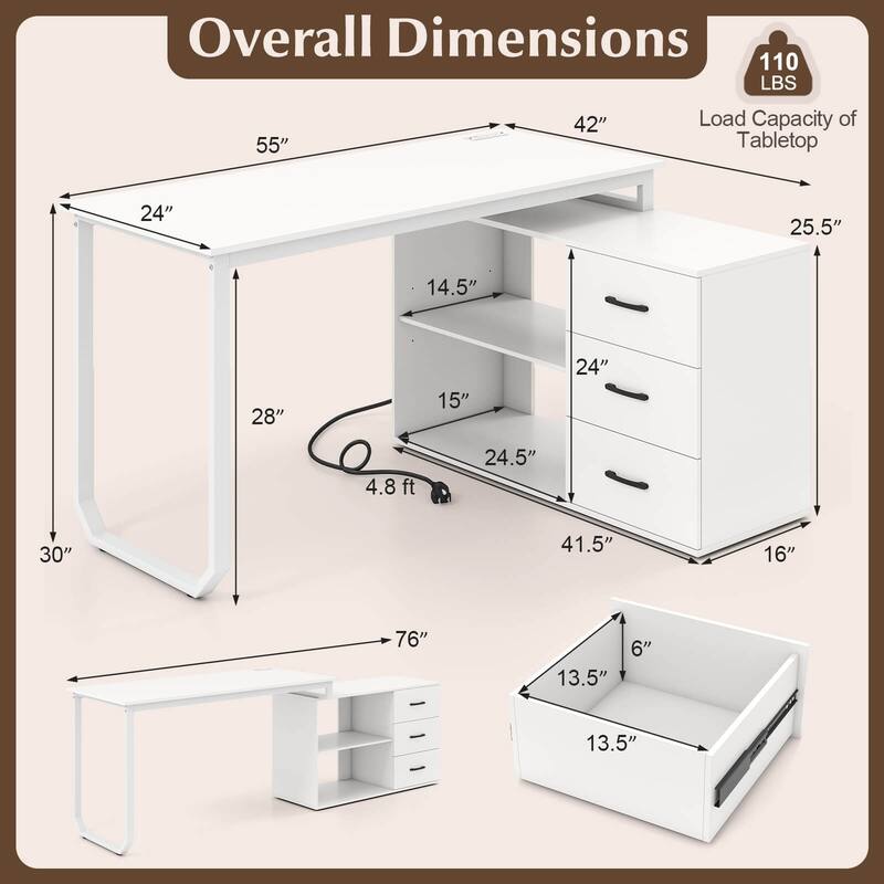 Costway L-Shaped Desk with Power Outlet 55" Reversible Computer Desk