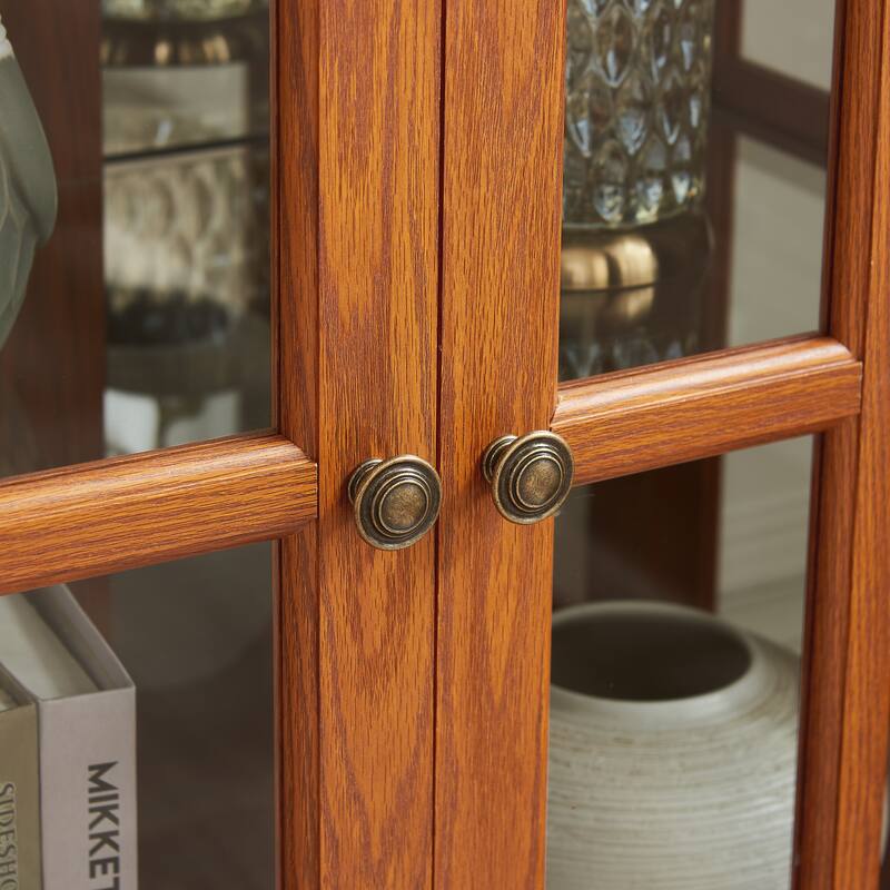 LED Lighted Curio Display Cabinet with Adjustable Shelves, Retro Glass Showcase and Lattice Doors