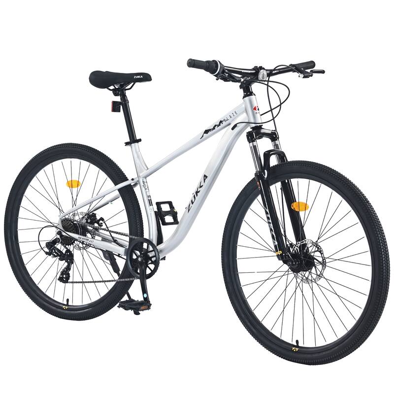 29 Inch Wheels All-Terrain Road Bicycle, 8 Speed Mountain Bike with Suspension Fork & Double Disc Brakes, Steel Frame for Teens - Silver
