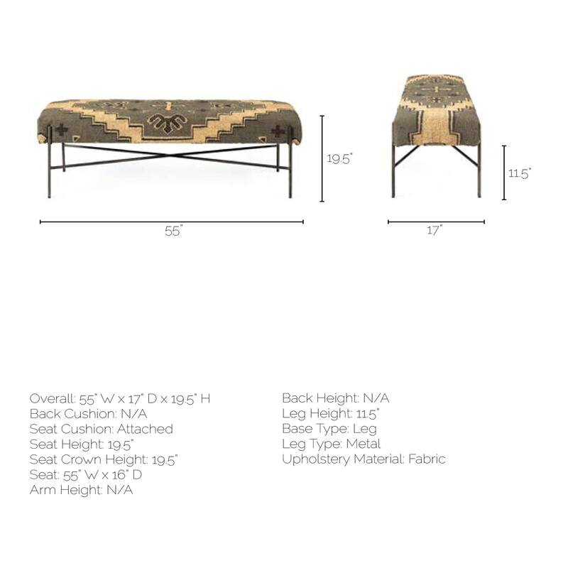 Avery I Olive & Beige Upholstered Patterned Seat Accent Bench - 55"W x 17"D x 18"H