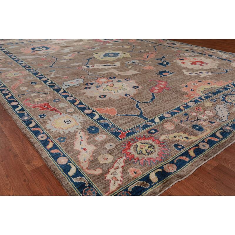 Hand Knotted Oriental 100% Wool Carpet Transitional All-Over Brown Oushak Area Rug - 11' 9'' X 9' 2''