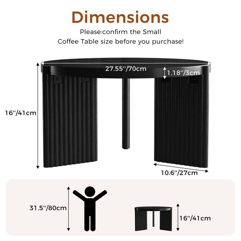 JASIWAY Black Wood Round Coffee Table with Fluted Legs